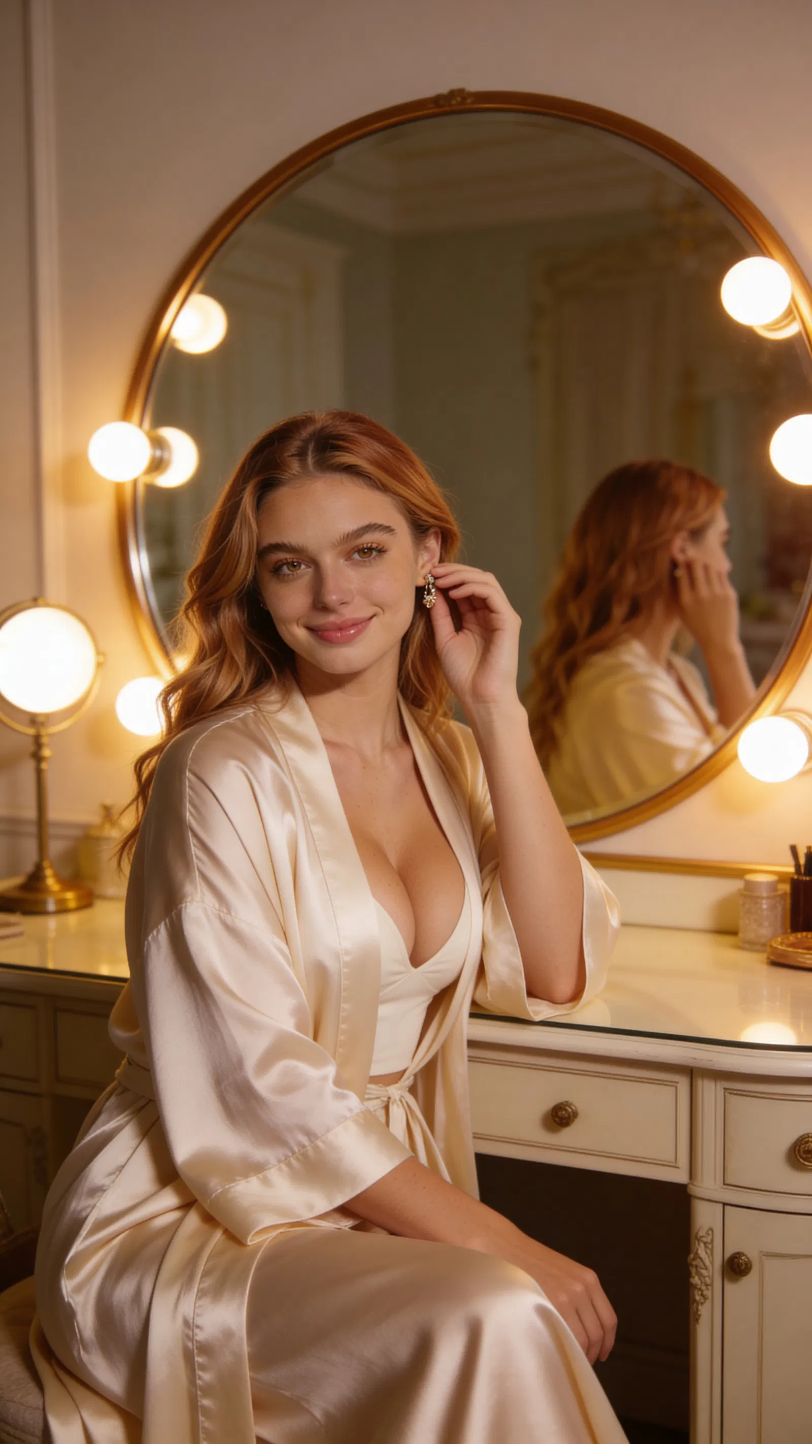 Same character at vintage vanity in warm romantic boudoir scene