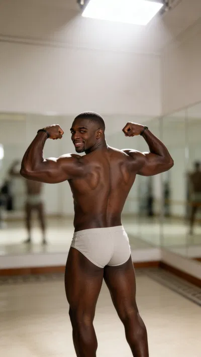 Same character back double biceps in posing room, full-body composition