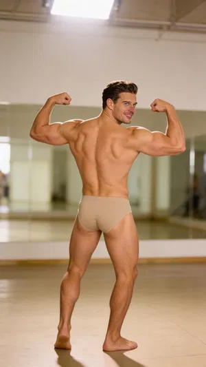 Same character back double biceps in posing room, full-body composition