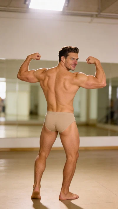 Same character back double biceps in posing room, full-body composition