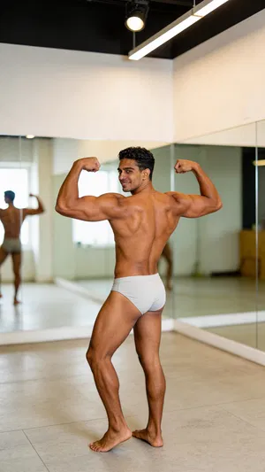 Same character back double biceps in posing room, full-body composition