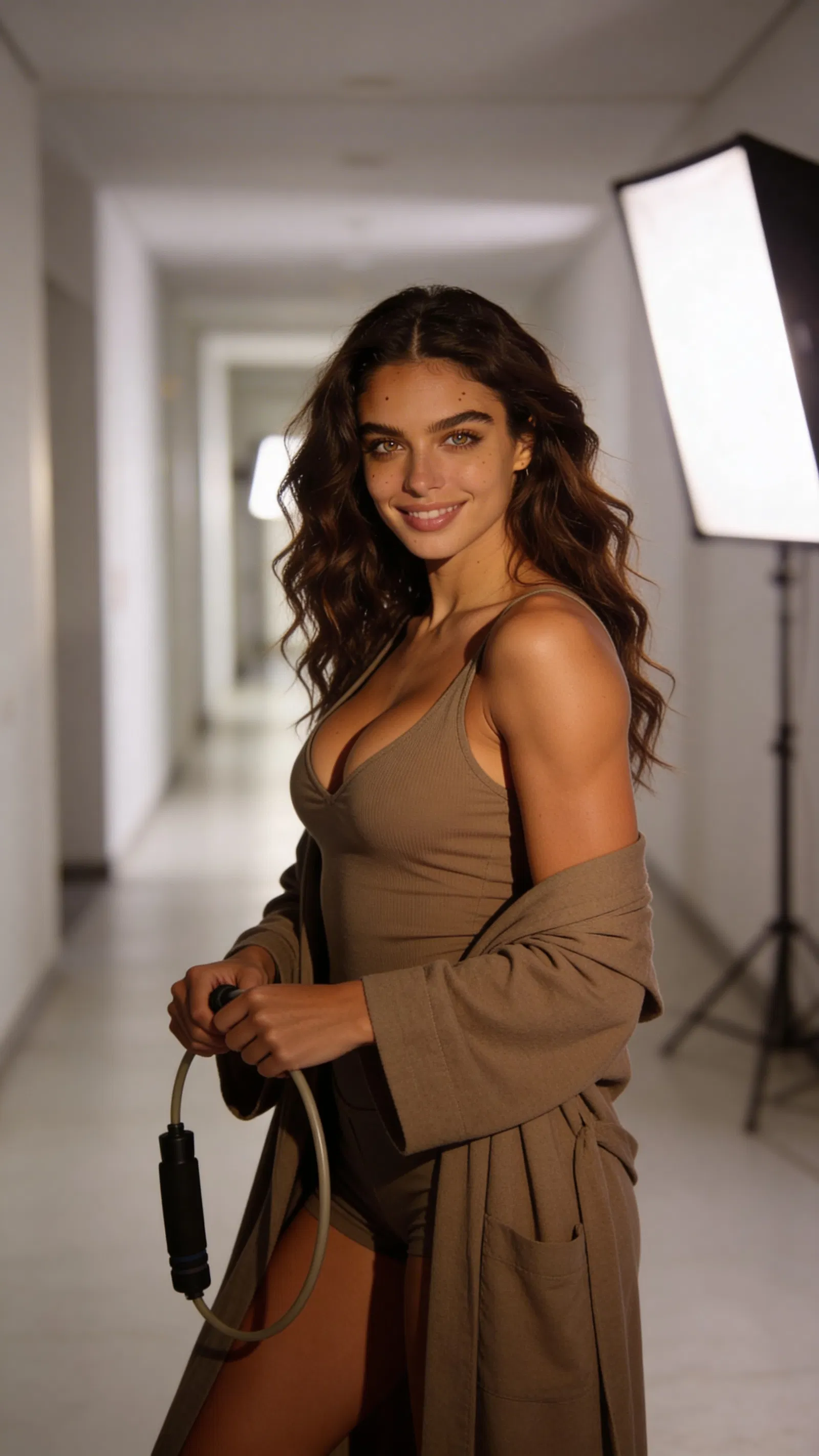 Same character backstage-style environmental portrait for female physique photos