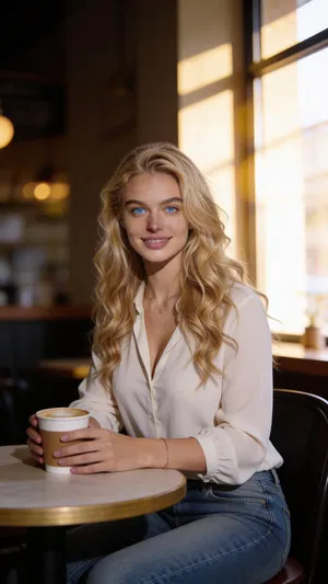 Same character café lifestyle portrait holding coffee with warm natural lighting