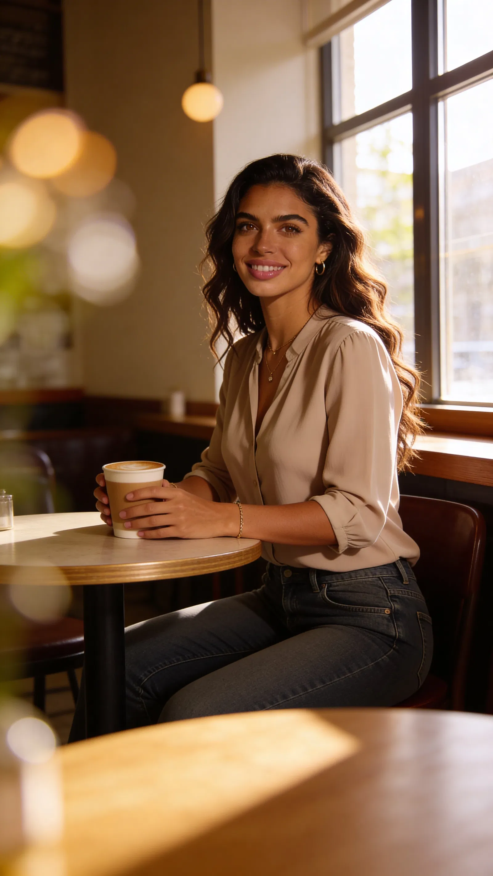 Same character café lifestyle portrait holding coffee with warm natural lighting