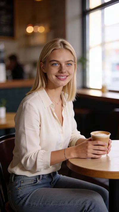 Same character café lifestyle portrait holding coffee with warm natural lighting