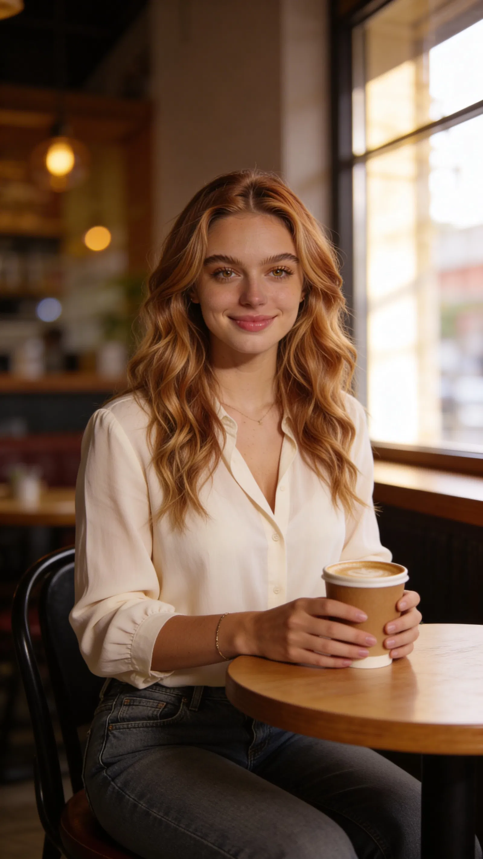 Same character café lifestyle portrait holding coffee with warm natural lighting