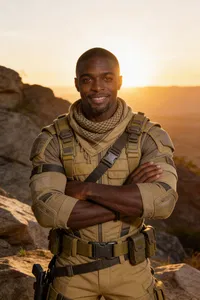 Same character desert mercenary cosplay sunrise full-body