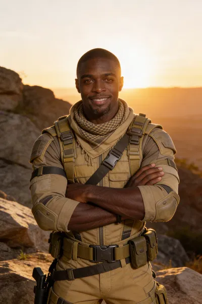 Same character desert mercenary cosplay sunrise full-body