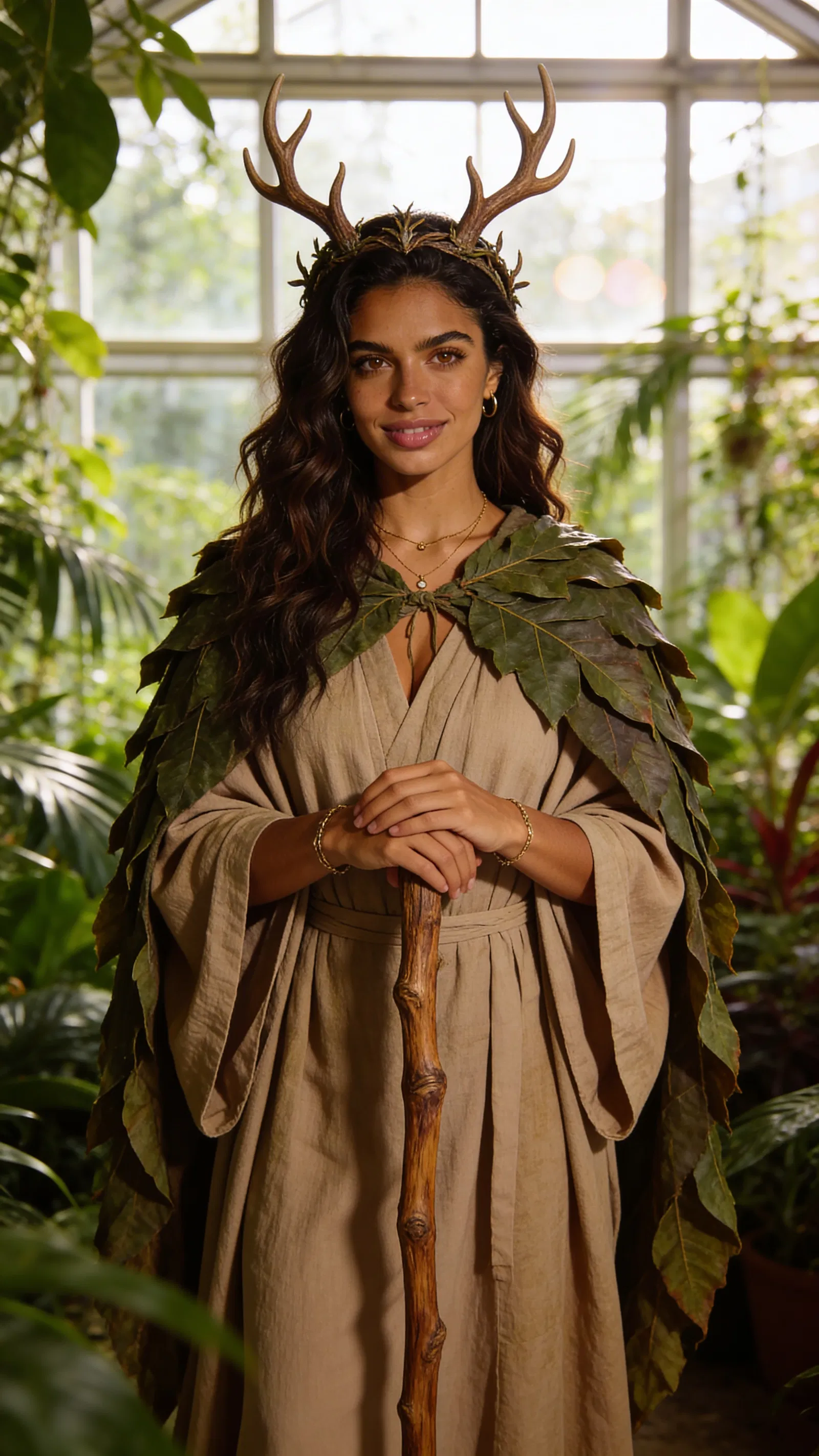 Same character druid cosplay in conservatory, natural-light portrait