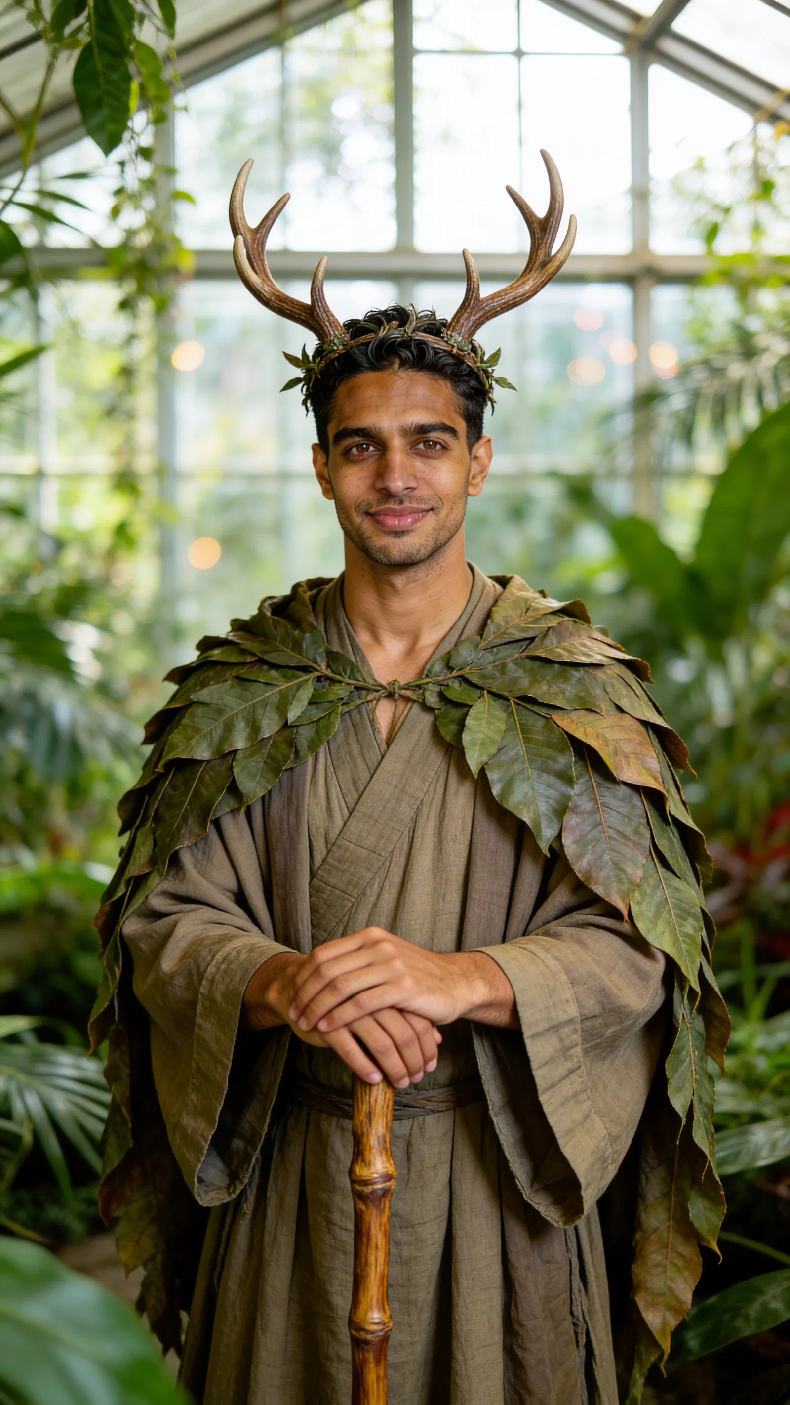 Same character druid cosplay in conservatory, natural-light portrait