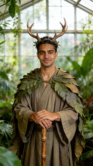 Same character druid cosplay in conservatory, natural-light portrait