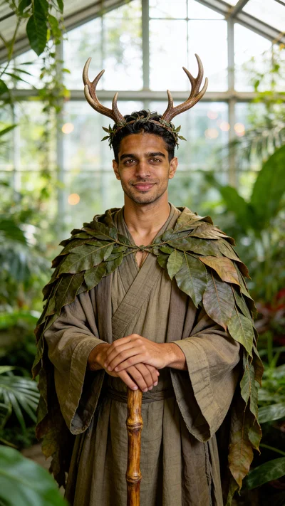 Same character druid cosplay in conservatory, natural-light portrait