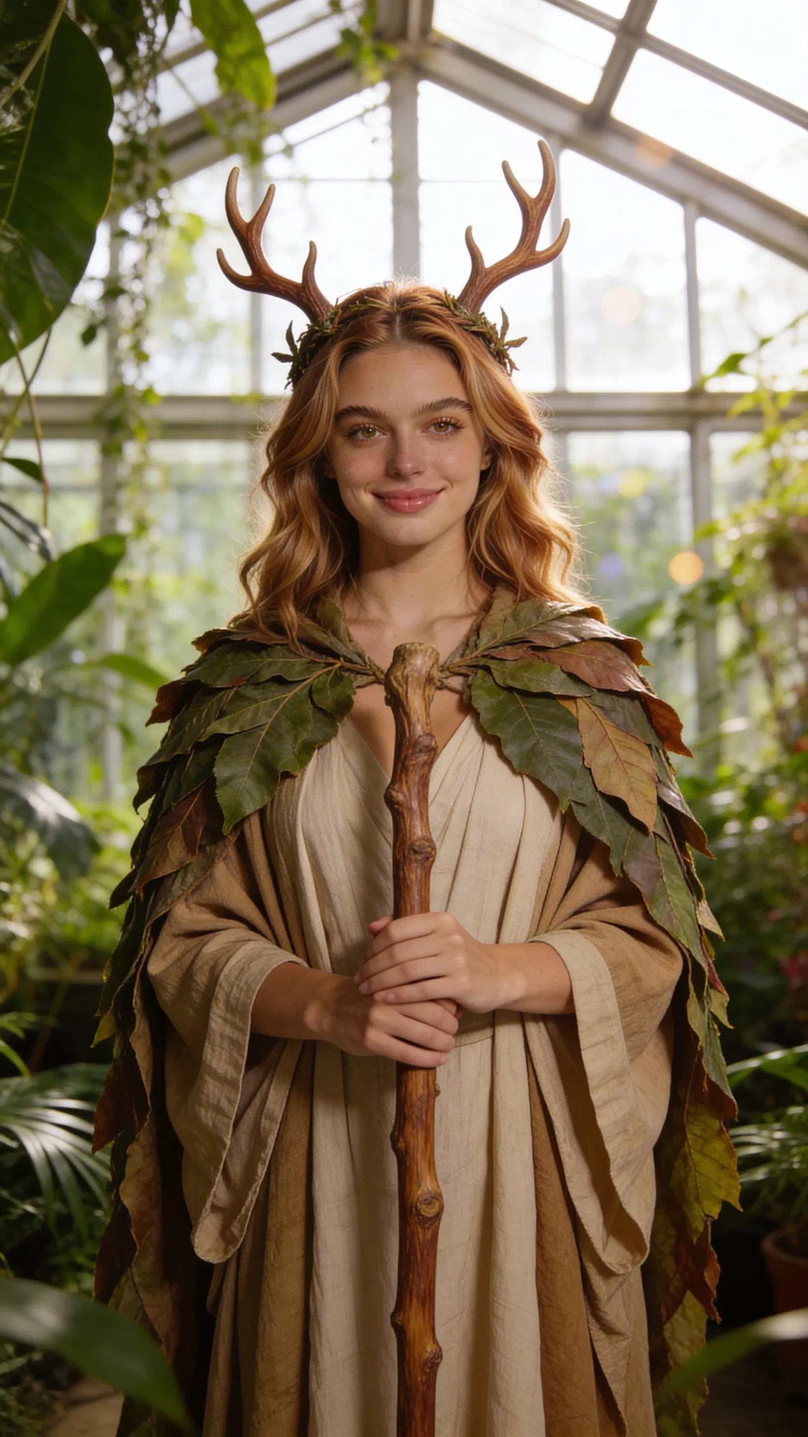 Same character druid cosplay in conservatory, natural-light portrait