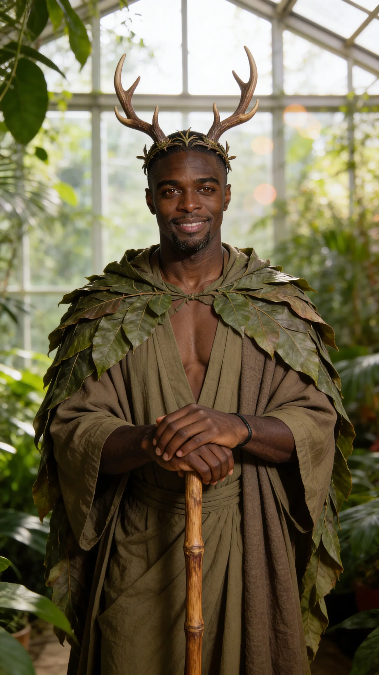 Same character druid cosplay in conservatory, natural-light portrait