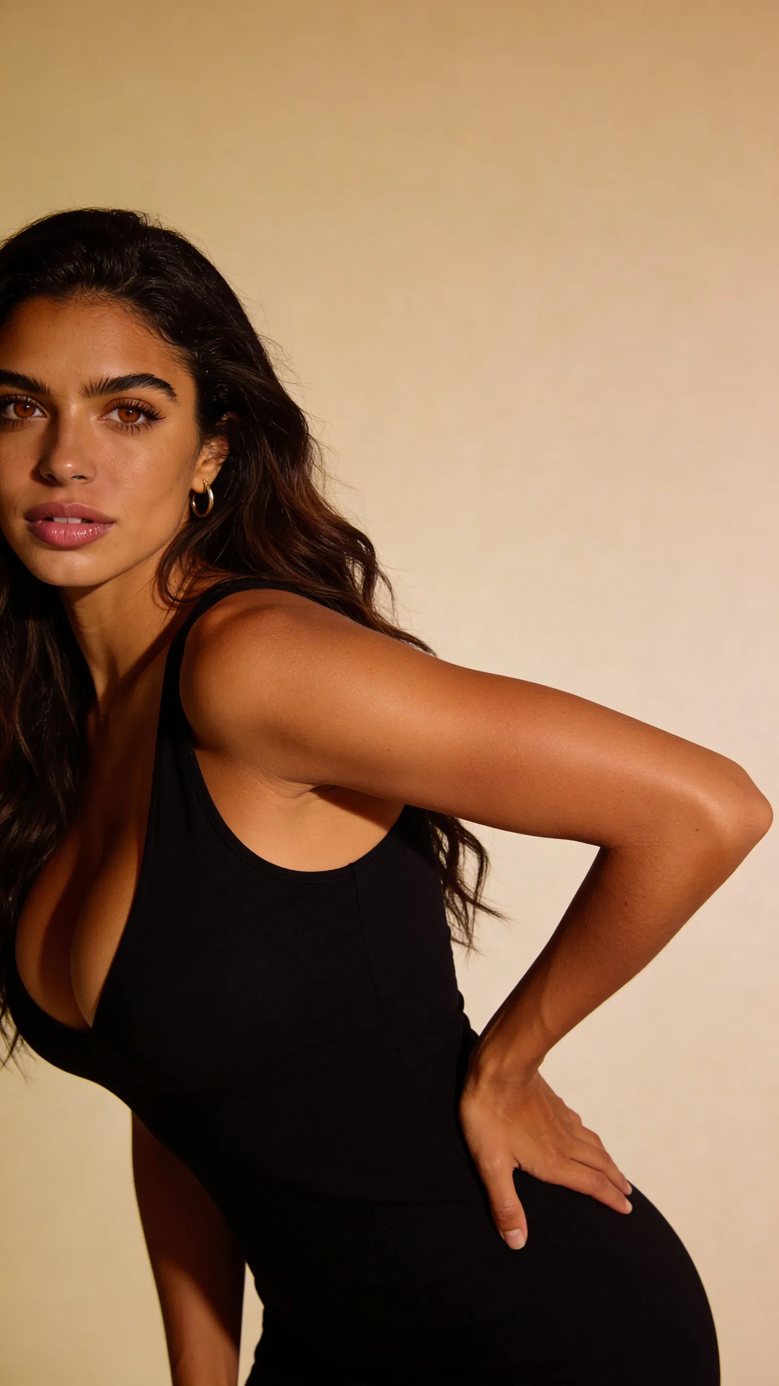 Same character editorial studio portrait on beige background with rim lighting