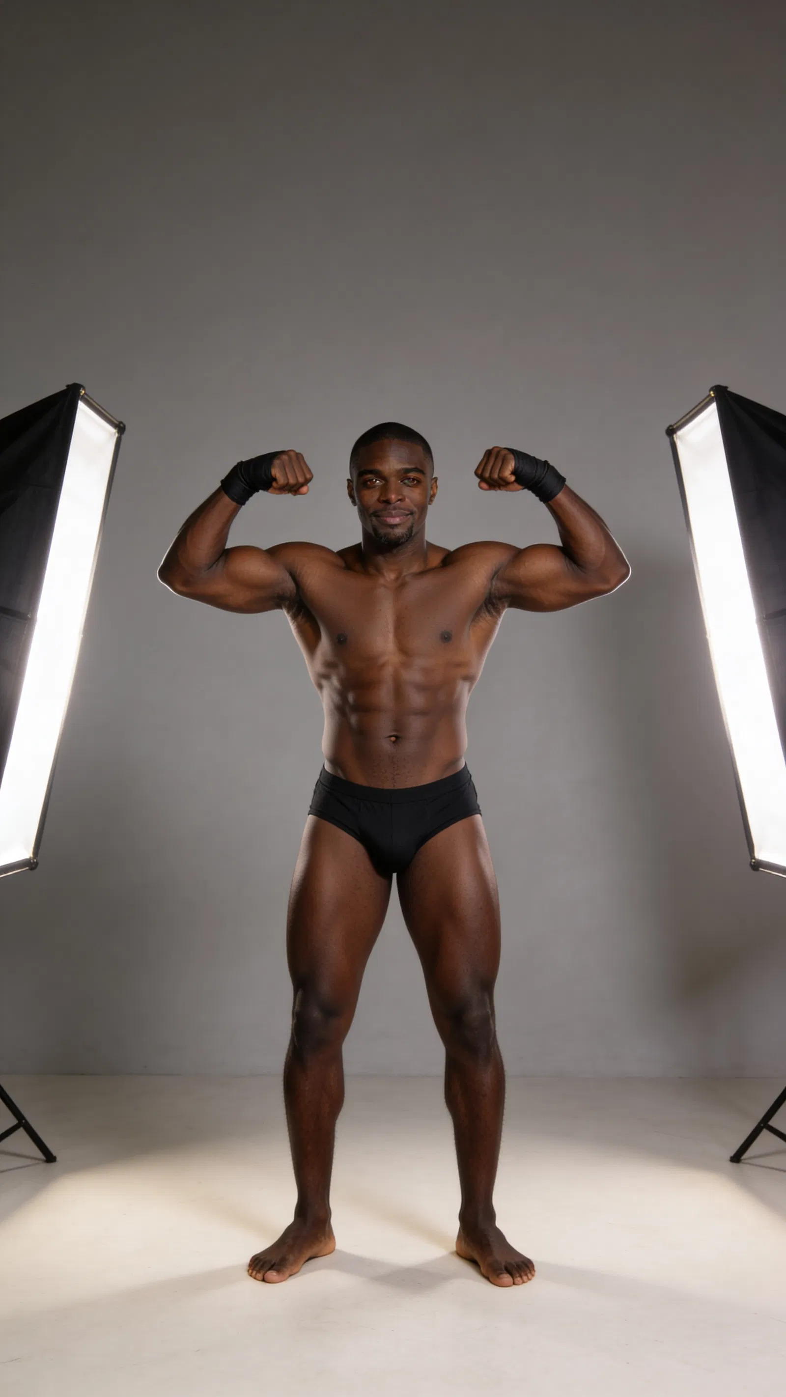 Same character front double biceps on gray seamless with studio rim lighting