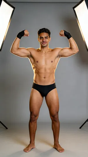 Same character front double biceps on gray seamless with studio rim lighting