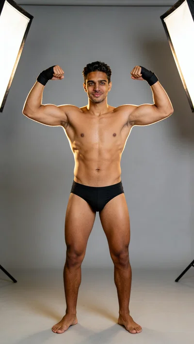Same character front double biceps on gray seamless with studio rim lighting