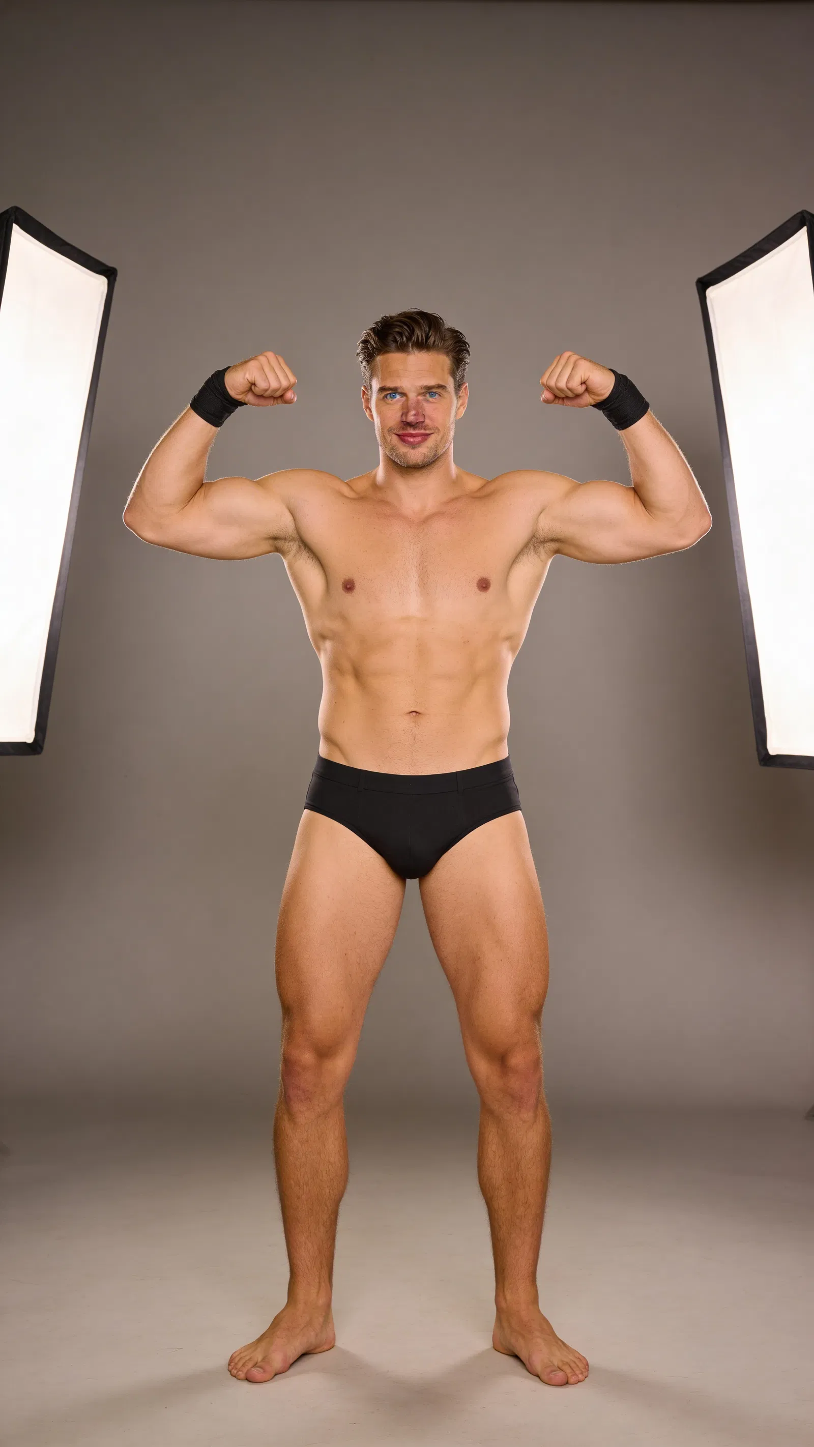 Same character front double biceps on gray seamless with studio rim lighting