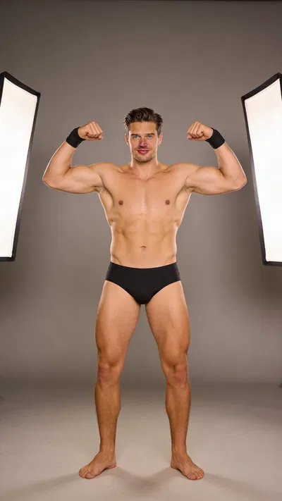 Same character front double biceps on gray seamless with studio rim lighting