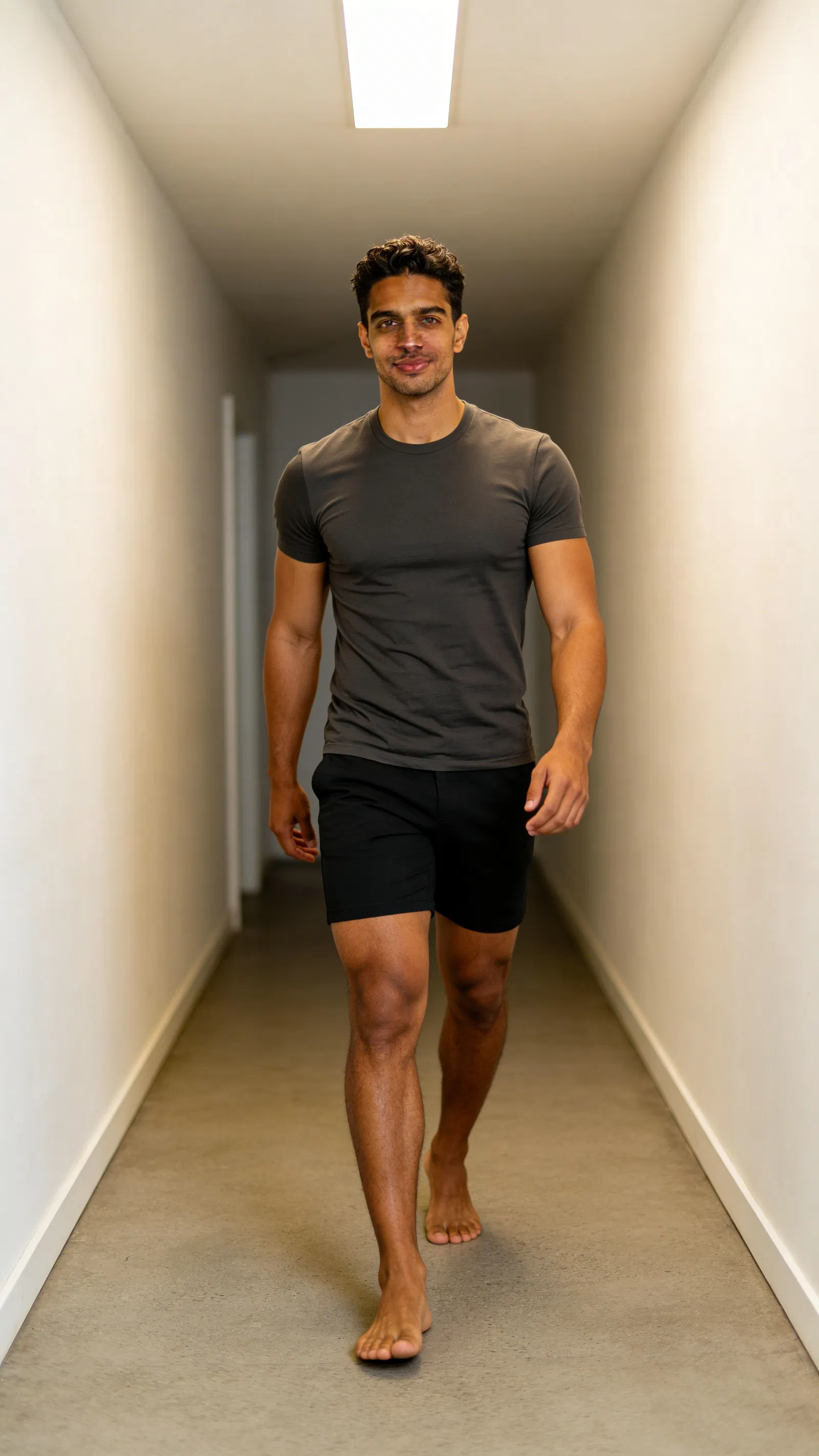 Same character full-body hallway walk shot with physique-focused styling