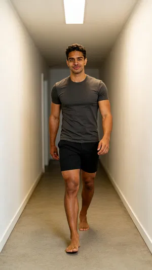 Same character full-body hallway walk shot with physique-focused styling