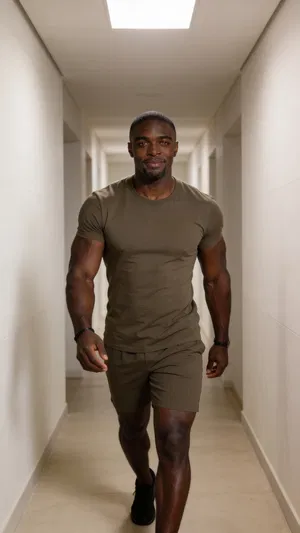 Same character full-body hallway walk shot with physique-focused styling