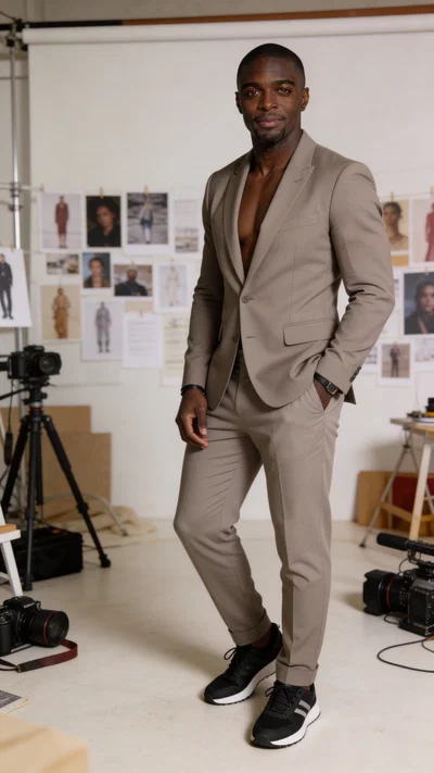 Same character full-body in creative studio with mood boards