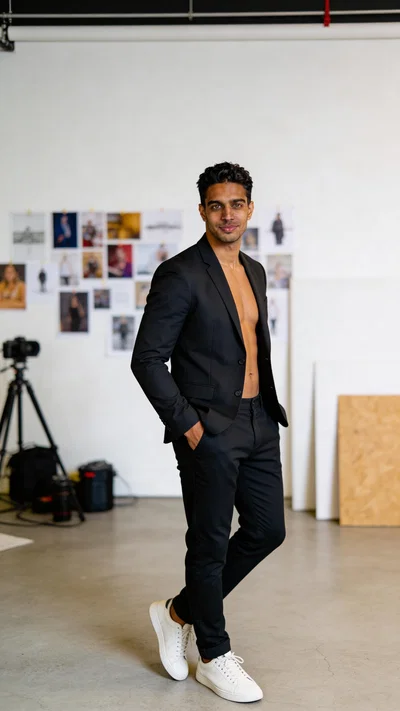 Same character full-body in creative studio with mood boards