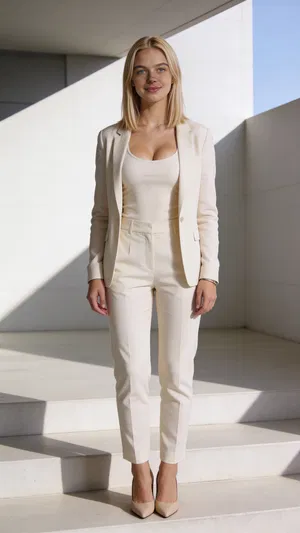 Same character full-body portrait in modern architecture with crisp daylight