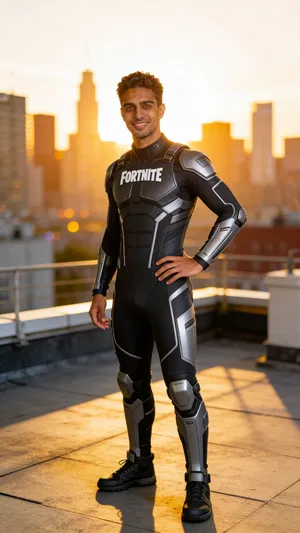 Same character futuristic cosplay full-body rooftop at golden hour