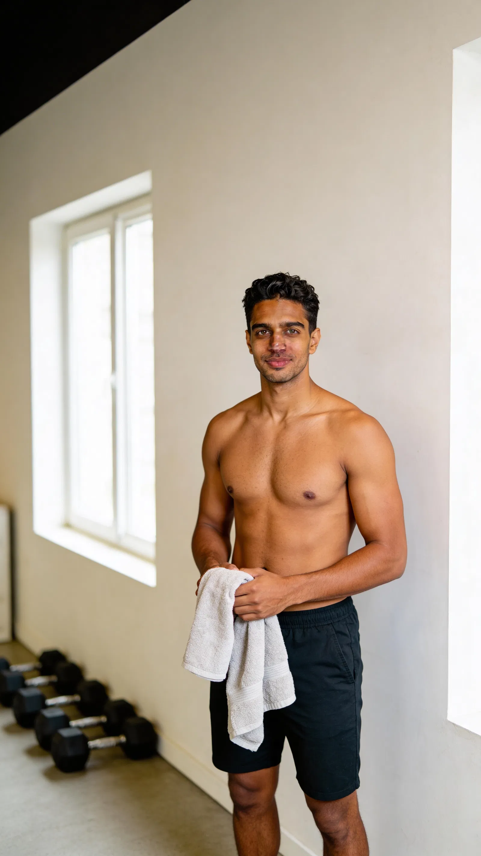 Same character half-body home-gym progress shot with natural window light