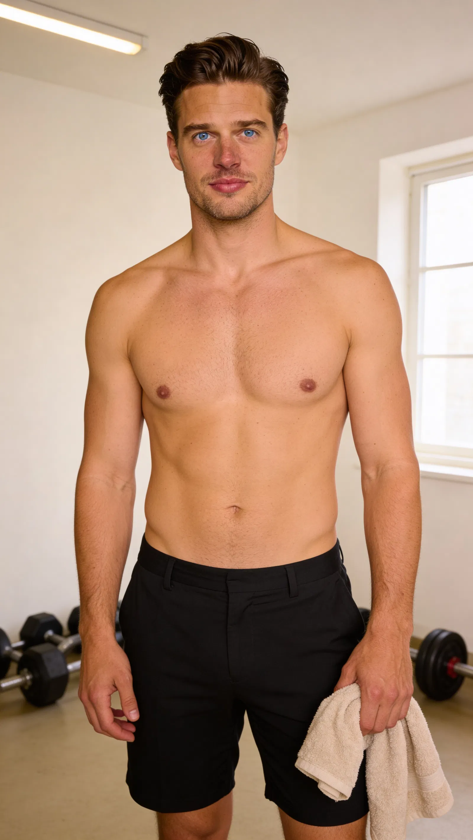 Same character half-body home-gym progress shot with natural window light