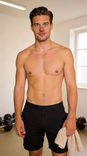 Same character half-body home-gym progress shot with natural window light