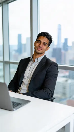 Same character half-body office portrait with skyline background and natural window light