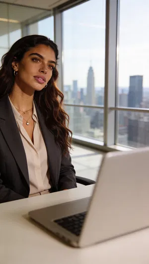 Same character half-body office portrait with skyline background and natural window light