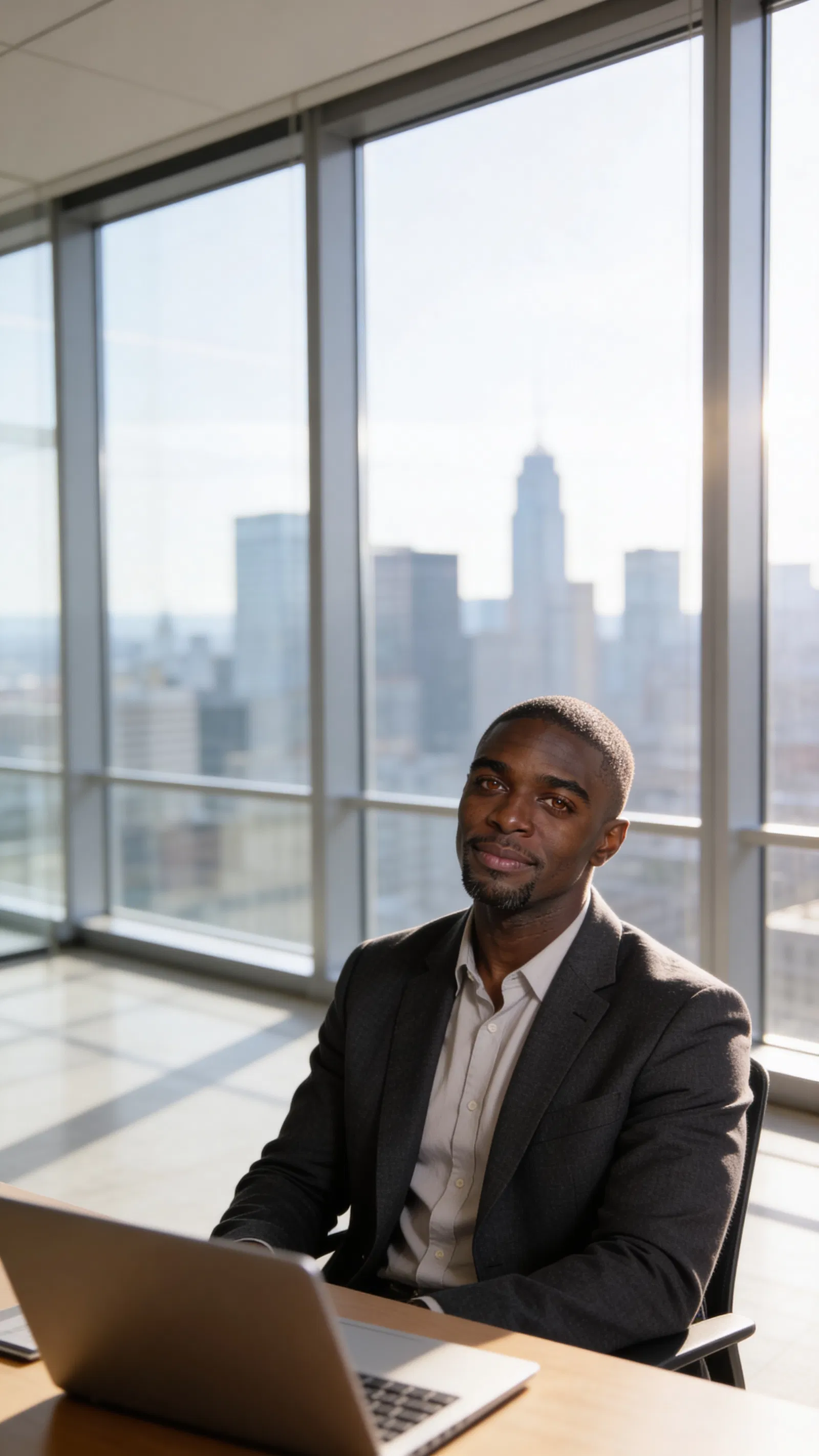 Same character half-body office portrait with skyline background and natural window light