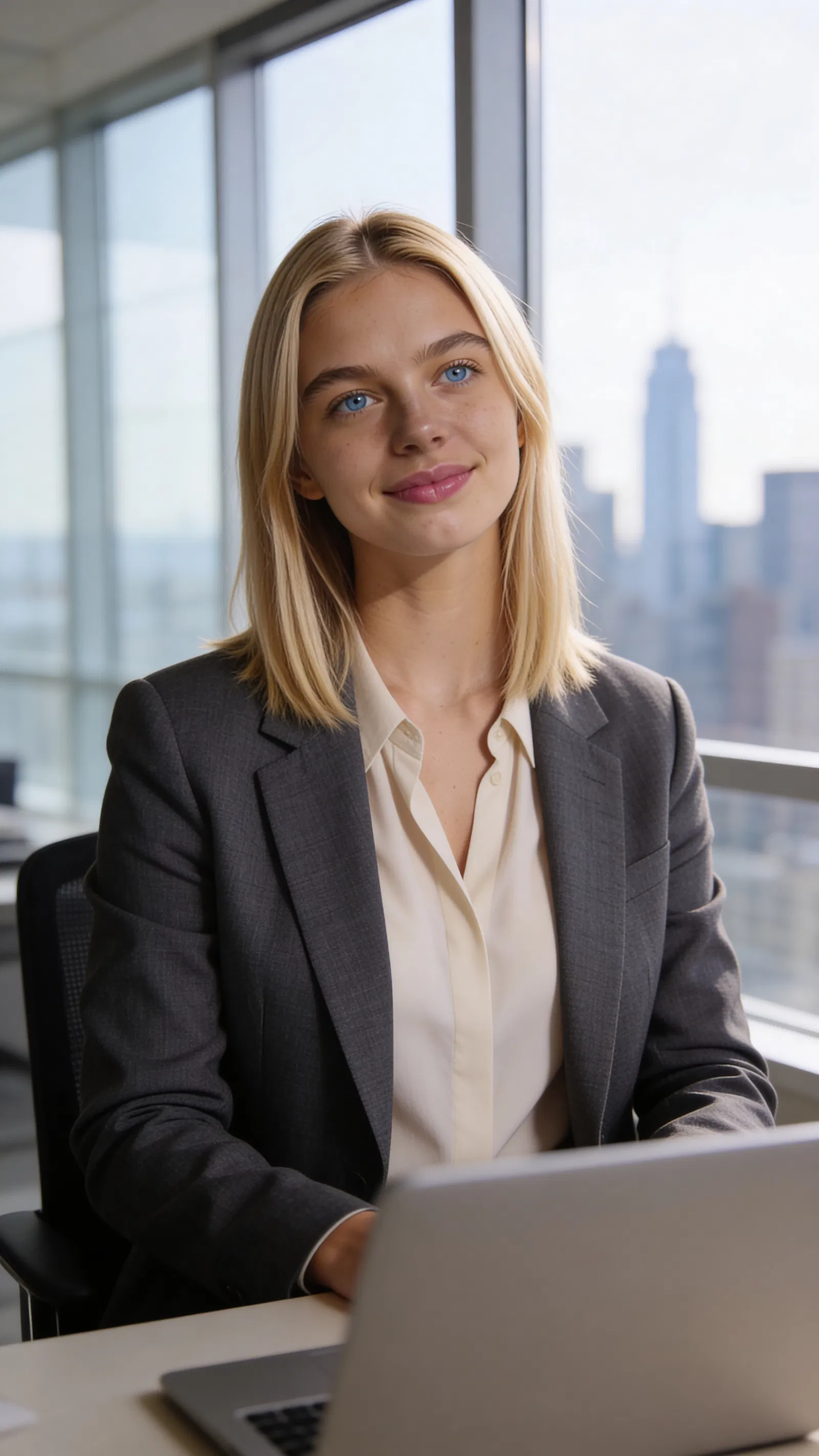 Same character half-body office portrait with skyline background and natural window light
