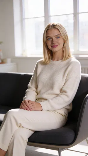 Same character half-body portrait in bright home with natural window light