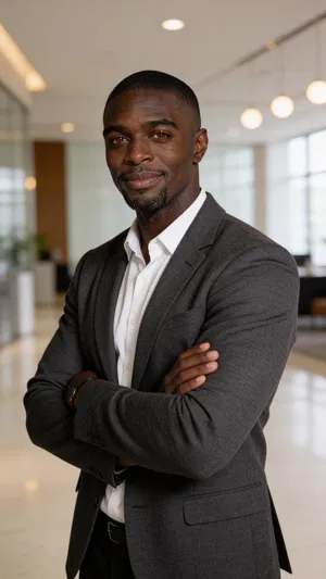 Same character half-body portrait in modern office lobby