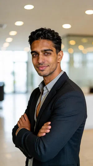 Same character half-body portrait in modern office lobby