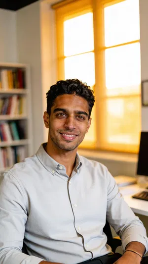 Same character half-body portrait in warm home office