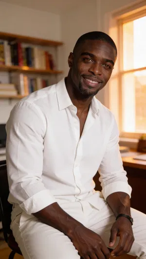 Same character half-body portrait in warm home office