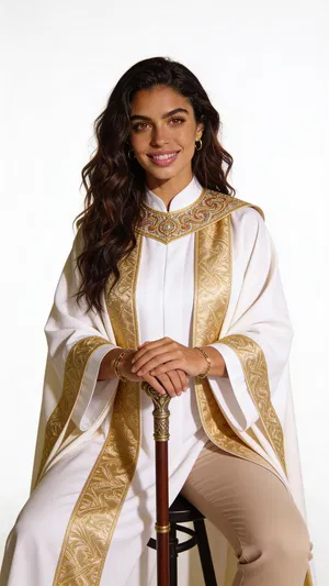 Same character healer cosplay in bright studio, seated half-body portrait