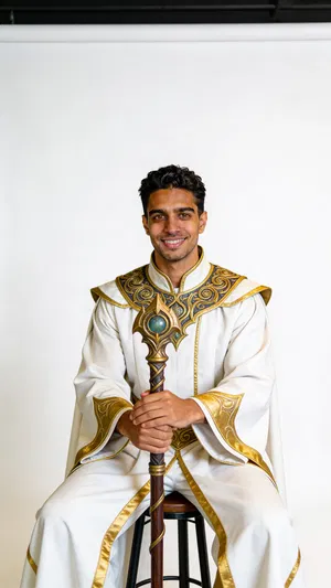 Same character healer cosplay in bright studio, seated half-body portrait