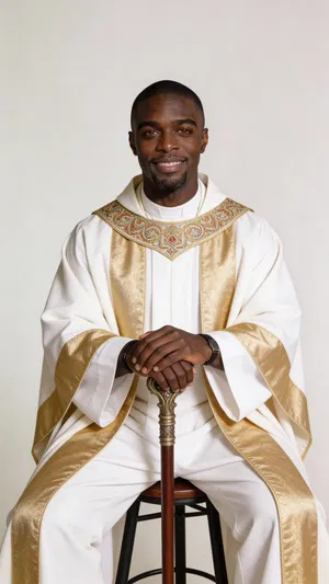 Same character healer cosplay in bright studio, seated half-body portrait