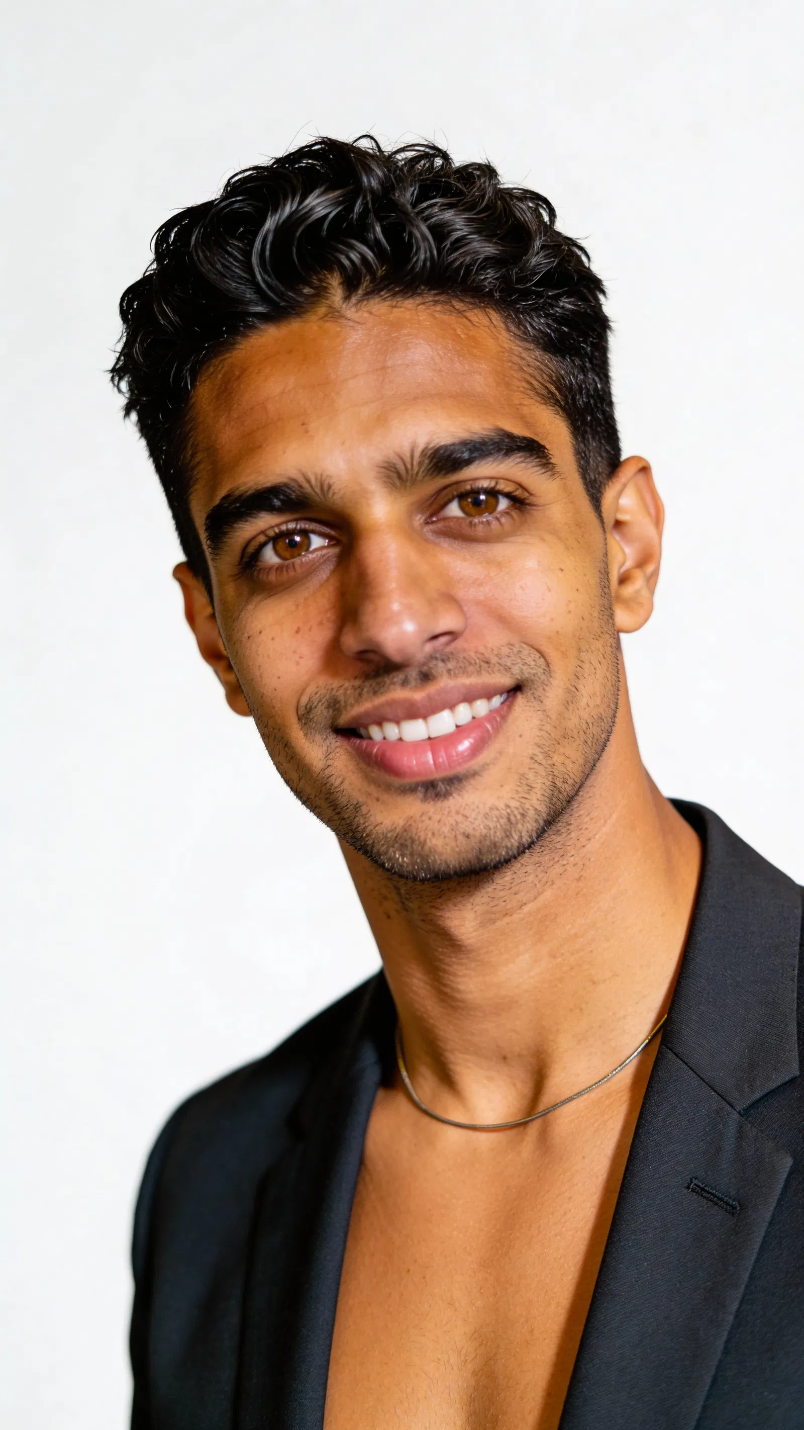 Same character high-key studio headshot on white background for LinkedIn