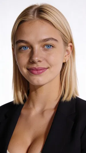 Same character high-key studio headshot on white background for LinkedIn