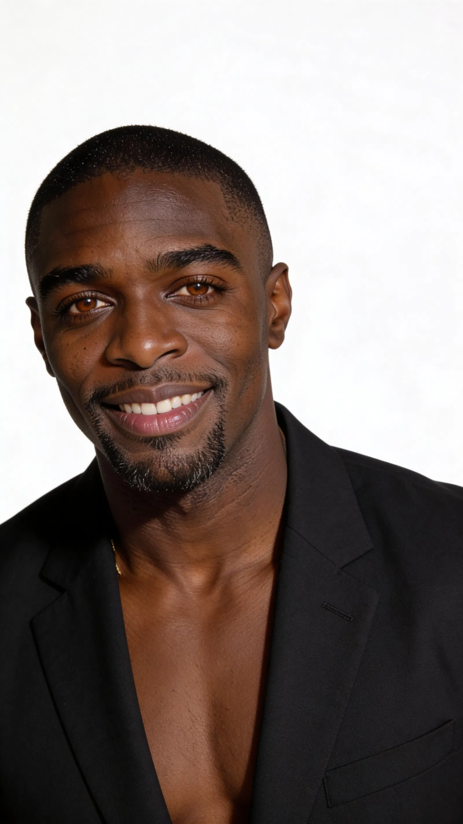 Same character high-key studio headshot on white background for LinkedIn