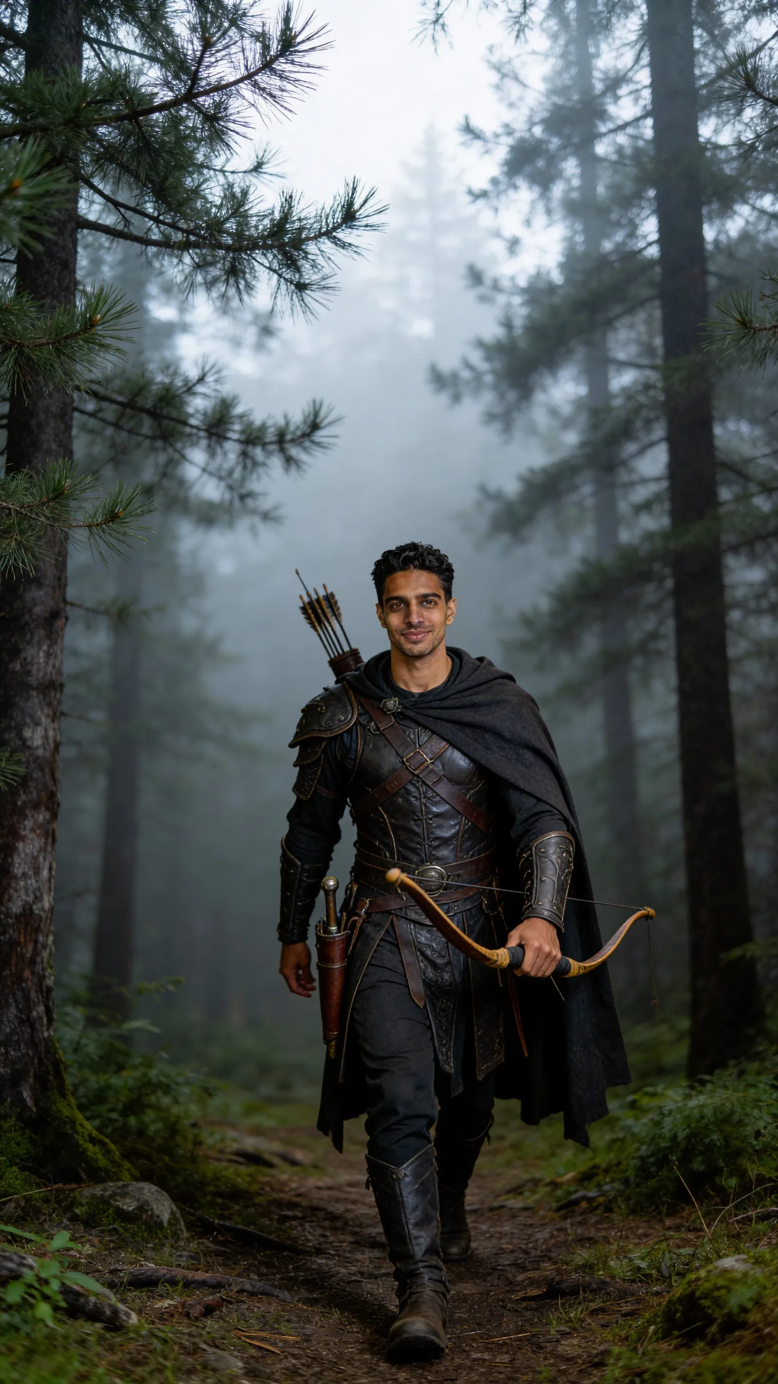 Same character hunter cosplay walking through misty forest, lifestyle photo